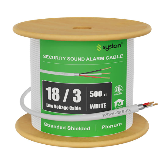Syston Cable Technology 18/3 Low Voltage Security Sound Alarm Cable 500 ft 18 AWG 3 Conductors Stranded Copper Shielded Plenum Rated CMP CL3P FPLP FT6 UV Resistant