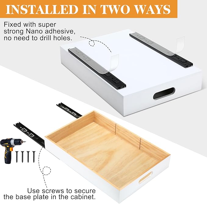2 PCS Wood Pull Out Cabinet Organizers with Removable Dividers, 14''W x 21''D Nail-free Wood Sliding Drawers with Adhesive Tape, Roll Out Shelves for Kitchen, Pantry, Office (White)