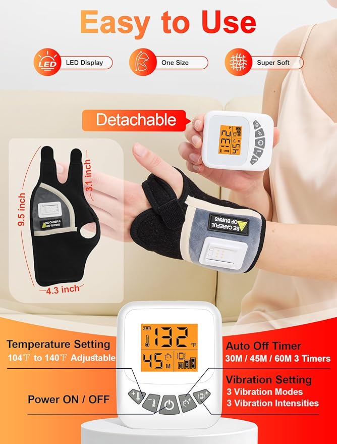 CAMECO 5000mAh Rechargeable Heated Wrist Massager for Carpal Tunnel, 104℉ - 140℉ Cordless Wrist Heating Pad with Massage for Arthritis Pain Relief, Vibration Heated Wrist Brace Wrap for Women & Men