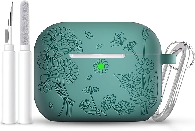 for AirPods Pro 3 Case (2025) DamonLight Daisy Floral Engraved Shockproof Protective Soft Silicone Case Cover with Cleaning Pen and Keychain for Apple Airpods Pro 3rd Generation (Forest Green)