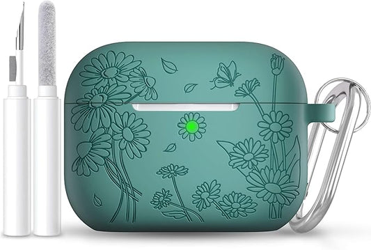 for AirPods Pro 3 Case (2025) DamonLight Daisy Floral Engraved Shockproof Protective Soft Silicone Case Cover with Cleaning Pen and Keychain for Apple Airpods Pro 3rd Generation (Forest Green)
