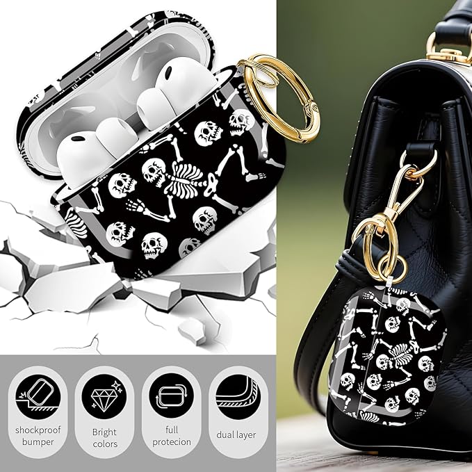 Cute Hard Case Compatible with AirPods Pro 3rd Generation Case (2025), Shockproof Protective Cover with Golden Keychain Ring Clip (Skeletons Dancing)