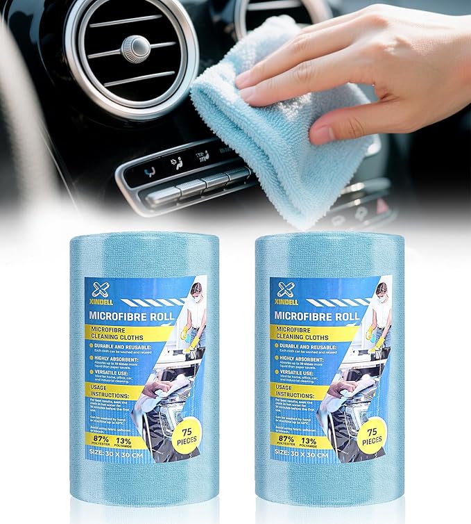 XINDELL Microfiber Cleaning Cloth Roll – 150 Pack 12"x12", Tear-Off Microfiber Towels, Lint-Free, Ultra Absorbent Car Detailing & Cleaning Cloths – Blue