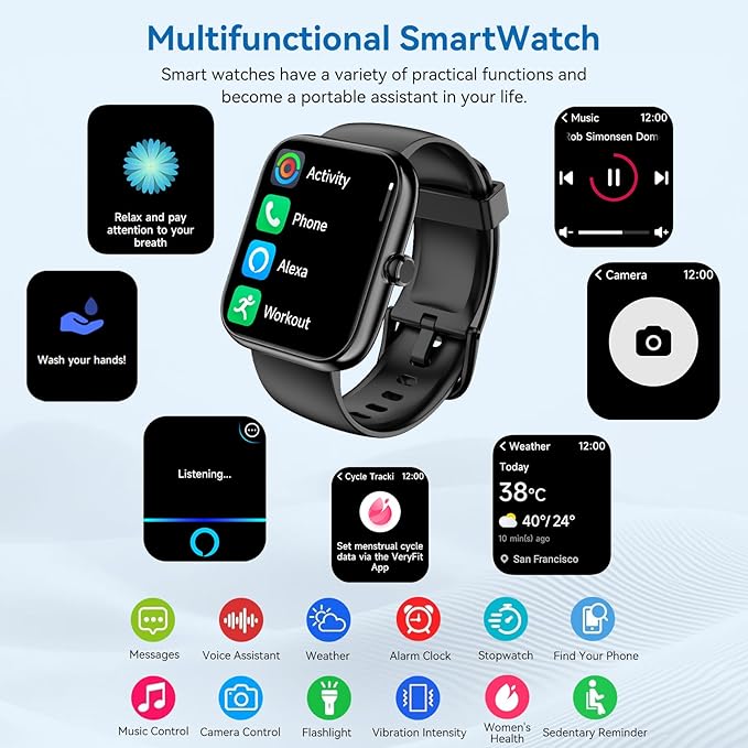 Smart Watch with Alexa Built-in, 1.83" HD Touchscreen, Digital Bluetooth Calling, IP68 Waterproof Fitness Tracker, 120+ Sports Modes, 24/7 Heart Rate/Sleep Monitor for iPhone Android (Black)