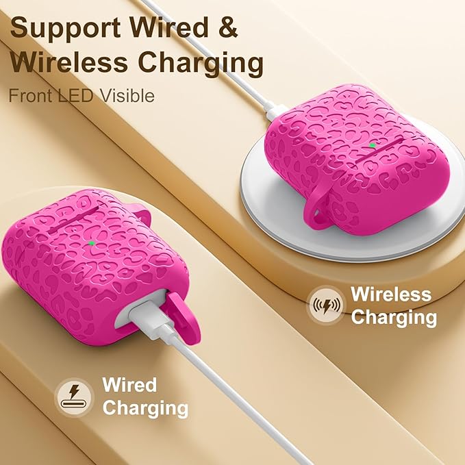 for Airpod Case & 2nd Generation Case Leropard Engraved Skin Cover Compatible with Apple AirPods 2nd/1st Charging Cute Soft Silicone Full Protective, Front LED Visible,Rose Pink