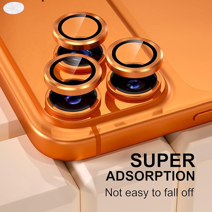 Misea Compatible for iPhone 17 Pro/iPhone 17 Pro Max Camera Lens Protector, Ultra-HD Tempered Glass Camera Cover Screen Protector Metal Individual Ring Protector Decoration Accessories, Orange