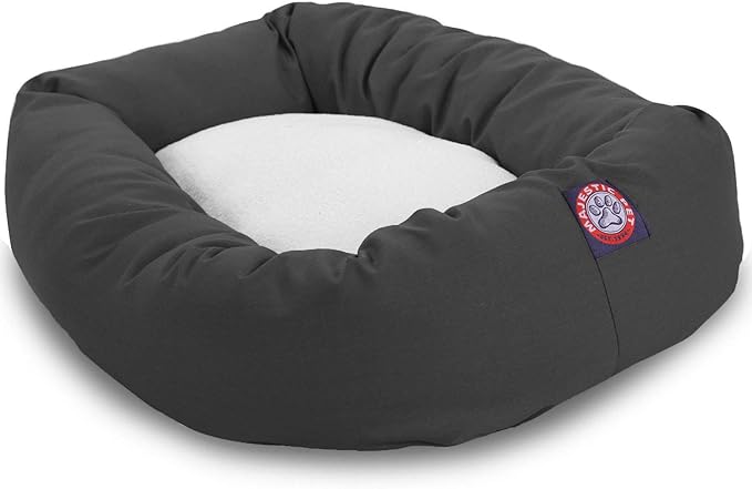 Majestic Pet 32 Inch Poly-Cotton Sherpa Calming Round Dog Bed - Washable, Soft, with Head Support - Fluffy Donut Design, Gray (32x23x7 Inch) - Medium