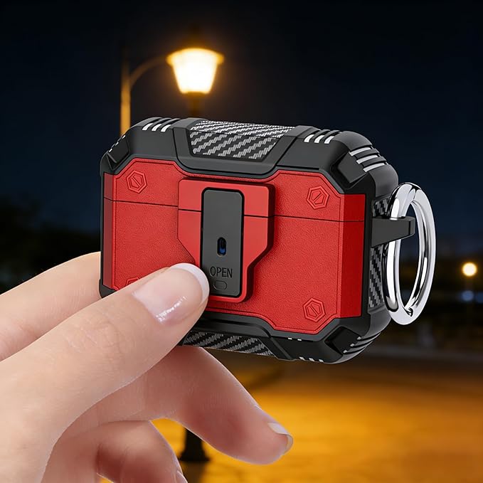 for AirPods Pro 3 Case, Secure Lock Magnetic Lid Cover with Keychain, Military Grade Shockproof Protective Case for Airpods Pro 3rd, Wireless Charging & Front LED Visible, Red Black
