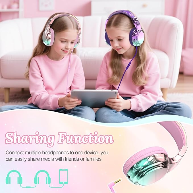 QearFun USB C Kids Headphones Wired with Mic, 85/94dB Safe Volume Limit, Foldable Over Ear, Tangle-Free Cord & Sharing Port, Wired On-Ear Headset for School, Chromebook, Tablet, Travel-Boys & Girls