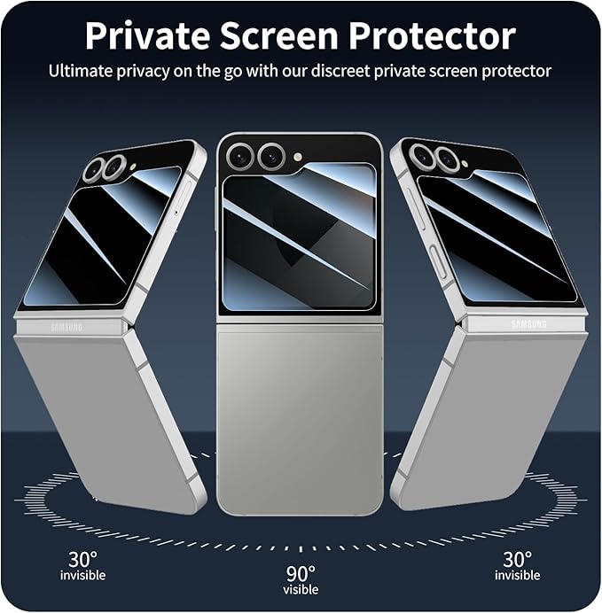 Privacy Screen & Camera Lens Protector for Samsung Galaxy Z Flip6, Double Shatterproof Anti-Spy Tempered Glass, Private Black Protection, 9H Hardness Anti-Scratch Case-Friendly, 3 Pack Each