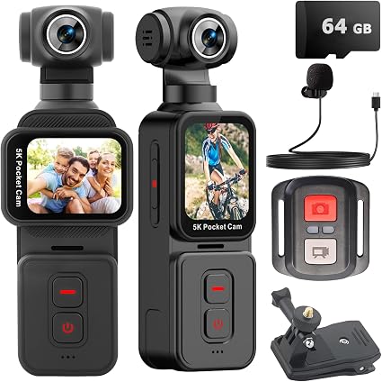 Pocket Vlogging Camera 5K with Remote Control, 64GB Card