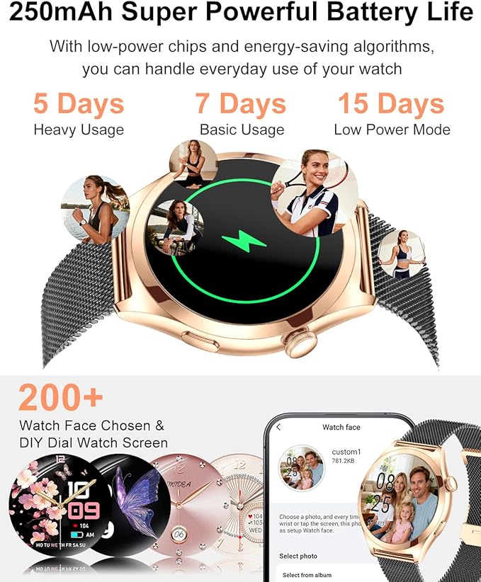 Smart Watches for Women, 1.27" TFT Touchscreen Smartwatch Answer/Make Call, Activity Fitness Trackers with 120+ Sports/HR/Sleep/SpO2 Monitor, IP68 Waterproof for Android iOS (Gold Black)