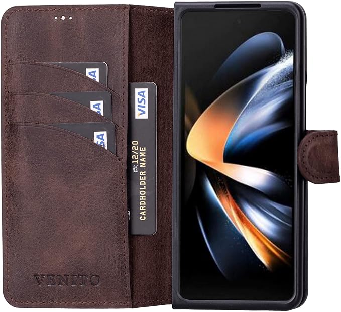 Venito Trieste Handmade Case for Galaxy Z Fold 4, Ultimate Protection with Full Grain Leather, Premium Phone Wallet Case for Galaxy Z Fold, Coffee Brown