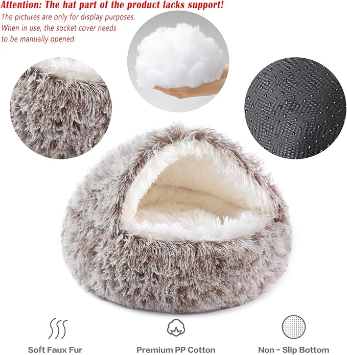 NOYAL Round Hooded Donut Dog Bed for Small & Medium Pets - Plush Fluffy Anti-Anxiety Cat Cave Bed with Cover