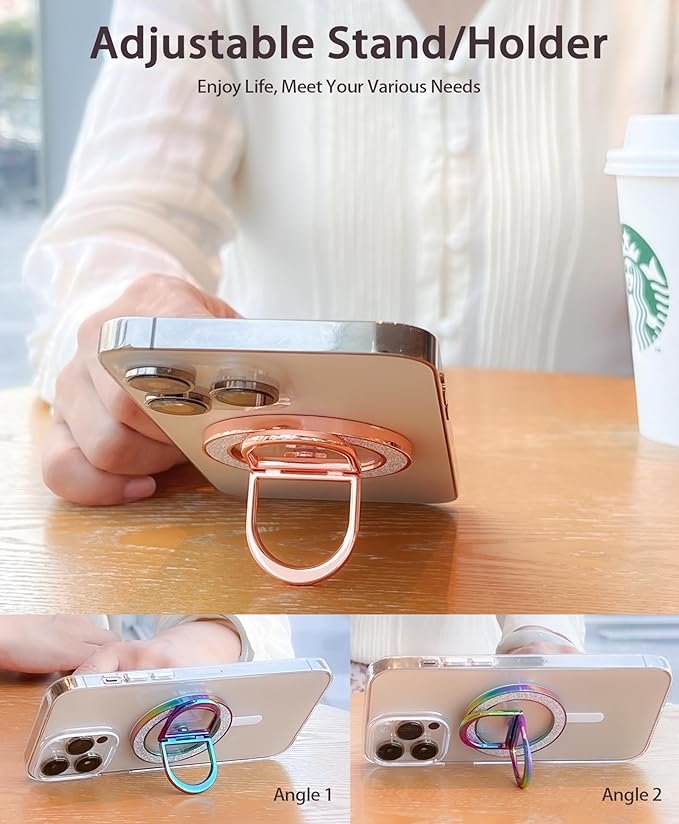 Magnetic Phone Grip | Phone Ring Holder | Stylish Twinkle Transparent with Phone Ring Holder for iPhone, Mag Safe Phone Ring Grip for iPhone & Android, Rosegold