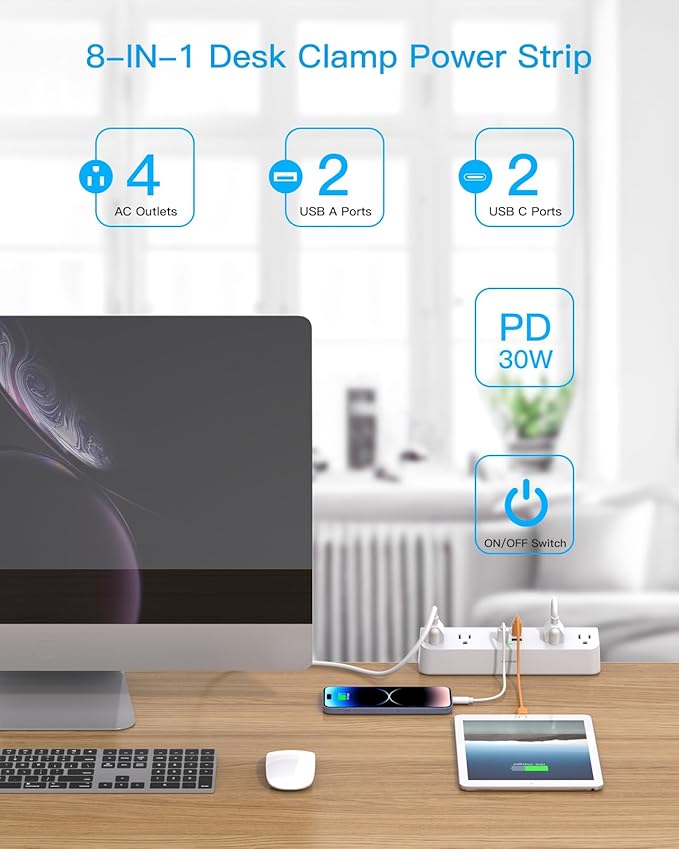 Desk Clamp Power Strip with PD30W USB-C, HANYCONY 5Ft Extension Cord, Desk Edge Mount Charging Station, Surge Protector with 4 Outlets 4 USB Ports(2 USB C), Home Office Accessories Essentials, White