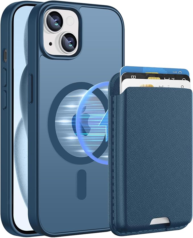 Magnetic for iPhone 14 Case & iPhone 13 Case with Card Holder, Compatible with MagSafe, Slim Shockproof Phone Cover with Detachable Wallet, Built-in Magnet Ring, Deep Blue