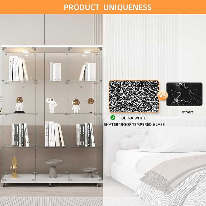 LFT HUIMEI2Y Glass Display Cabinet 12 Shelves with 3 Columns 2 Doors, LED Light and Lock, Extra Large Curio Cabinets Quick-Install Style Tempered Glass Bookshelf for Living Room, Kitchen White