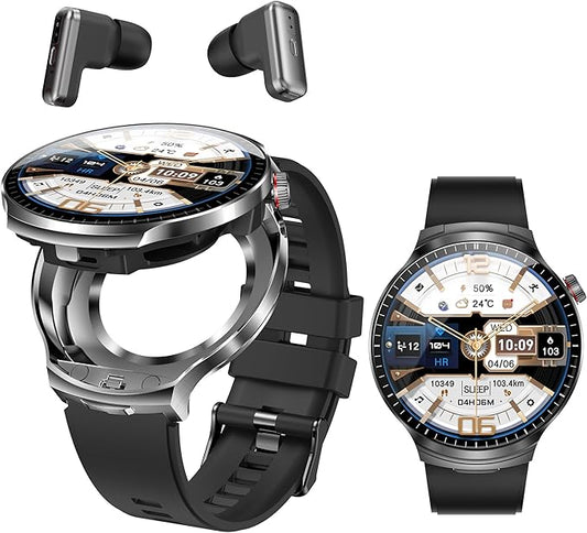 Smart Watch with Bluetooth Earbuds, 1.85-Inch Round HD Screen, Military Style, IP67 Waterproof, 100+ Sports Modes, Heart Rate Monitor, Sleep Tracker, Music Control