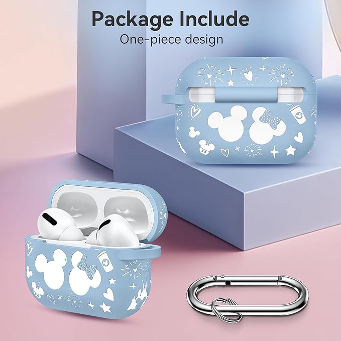 Compatible with Airpods Pro 2nd/1st Generation Case Cover with Keychain, Women Men Soft Silicone Two-Tone Cute Cartoon Engraved Convenience Protective Case, Front LED Visible Blue/White
