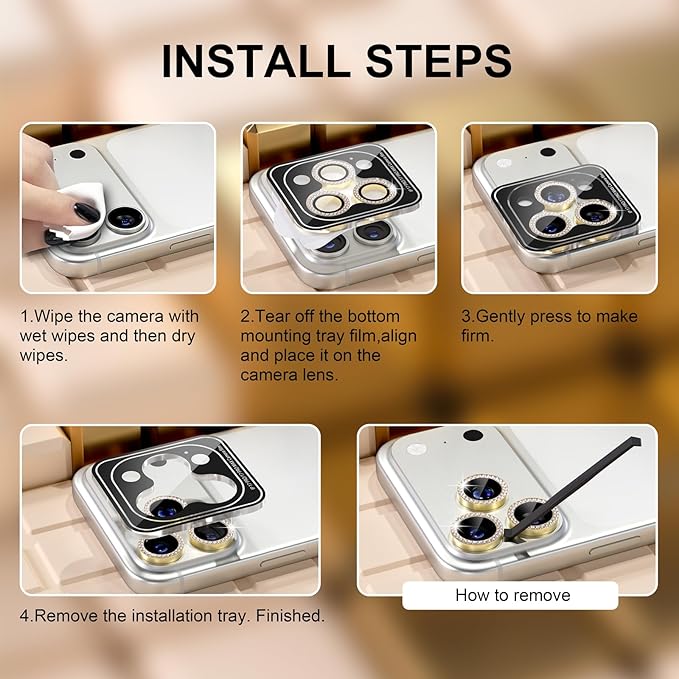 Misea Compatible for iPhone 17 Pro/iPhone 17 Pro Max Camera Lens Protector Bling, 9H Tempered Glass Camera Cover Screen Protector Metal Individual Ring Decoration Accessories, Gold Diamond