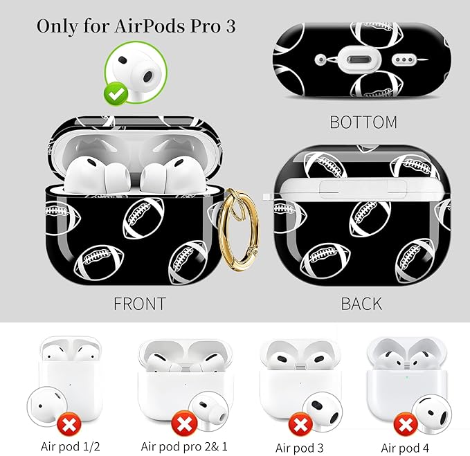 Case for AirPod Pro 3 Shock-Proof Protective Hard Case with Golden Keychain Compatible with Apple Airpods Pro 3rd Generation 2025 (White Black Football)