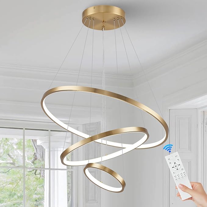 3 Ring Modern LED Chandelier Gold Dimmable Round Chandeliers, LED Circular Pendant Light Fixture with Remote Control for Living Room, Dining Room, Office, Entry, Bedroom