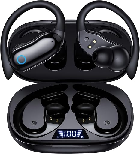 GNMN Active Noise Cancelling Ear Buds Wireless Earbuds 96hrs Playback Bluetooth Headphones Dual Battery Display Stereo Bass Earphones with Earhooks Microphone IPX7 Waterproof for Sports/Runing/Workout