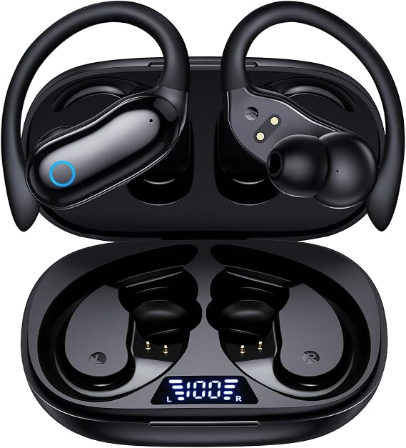 GNMN Active Noise Cancelling Ear Buds Wireless Earbuds 96hrs Playback Bluetooth Headphones Dual Battery Display Stereo Bass Earphones with Earhooks Microphone IPX7 Waterproof for Sports/Runing/Workout