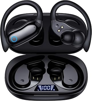 GNMN Active Noise Cancelling Ear Buds Wireless Earbuds 96hrs Playback Bluetooth Headphones Dual Battery Display Stereo Bass Earphones with Earhooks Microphone IPX7 Waterproof for Sports/Runing/Workout