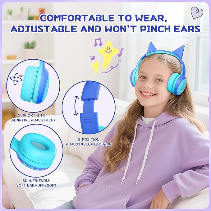 gorsun Kids Bluetooth Headphones, Over-Ear Toddler Headphones with Microphone, 85dB/94dB Volume Limited, 68H Playtime, Bluetooth 6.0, Portable Kids Wireless Headset with Cat Ears (Blue)