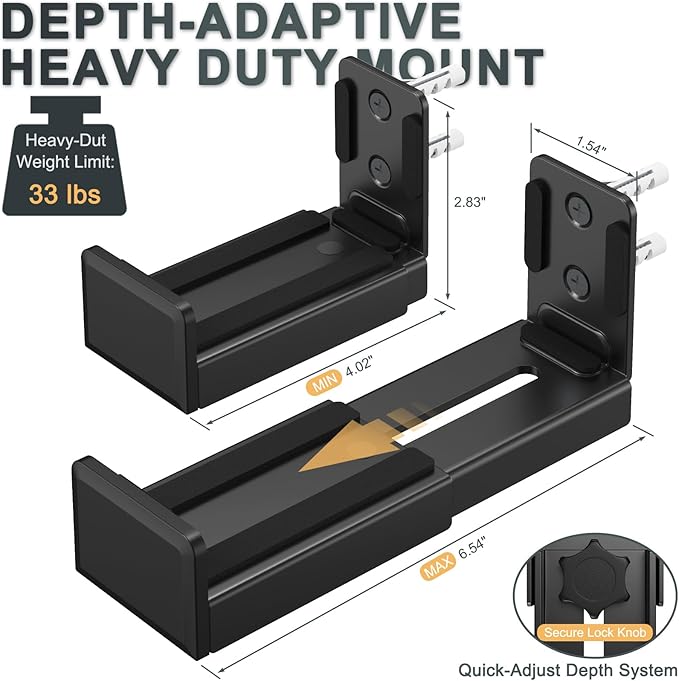 Universal Soundbar Wall Mount Bracket, Dual Speaker Wall Mount Compatible with TVs, Adjustable Depth 3.5-6.1 Inches, Holds up to 33 lbs, Sound Bar Mounting Kit, Black