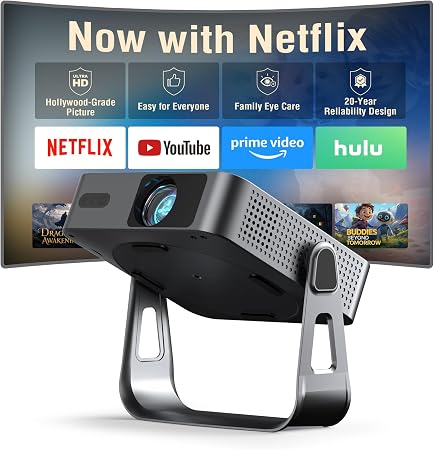 【Officially Netflix & YouTube Built in】Smart Mini Projector with WiFi and Bluetooth, VOPLLS Native 1080P Auto Focus & Keystone Ultra-Thin Portable Movie Projector with 360° Stand for Bedroom/Outdoor
