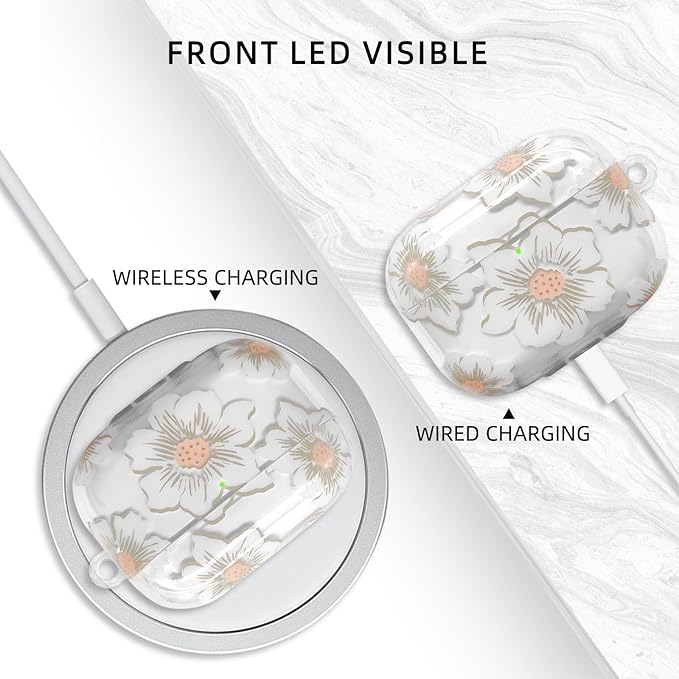 Compatible with AirPods Pro 2 Case Cover 2022, Soft TPU with Cute Flower Pattern for AirPods Pro 2nd/1st Generation Case with Flower Keychain and Carabiner for Girls Women (White)