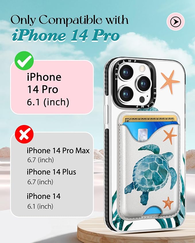 Toycamp for iPhone 14 Pro Case - Compatible with Magsafe Credit Card Holder Wallet Magnetic Cute Women Teen Girls Kawaii Girly Unique Turtles Design Phone Cover for iPhone 14 Pro