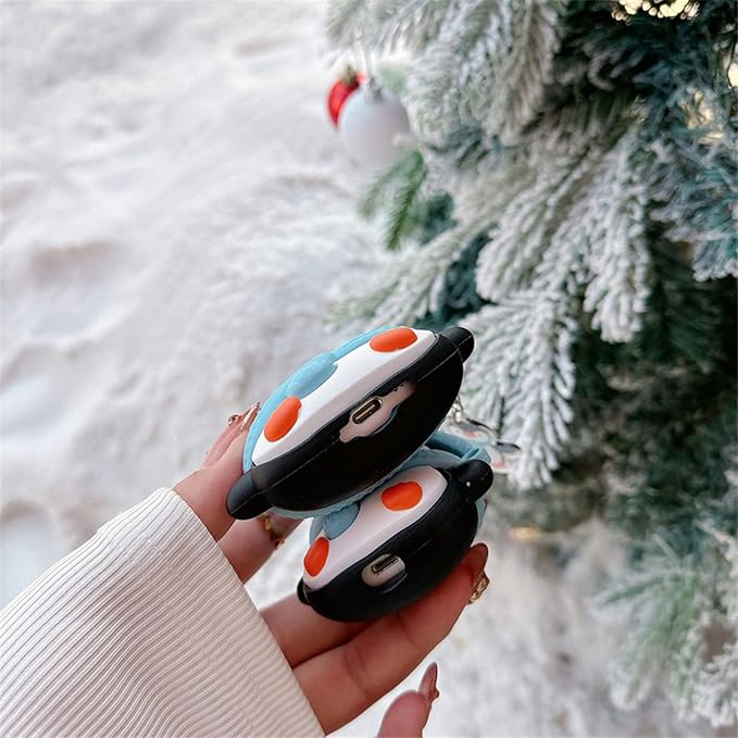 Charging Earphone Case Compatible with Airpods 4,Christmas Cute Animal Hat Penguin Design Soft Silicone Full Body Protective Skin Cover, Kids Girls Women Cartoon Earbuds Accessories with Pendant
