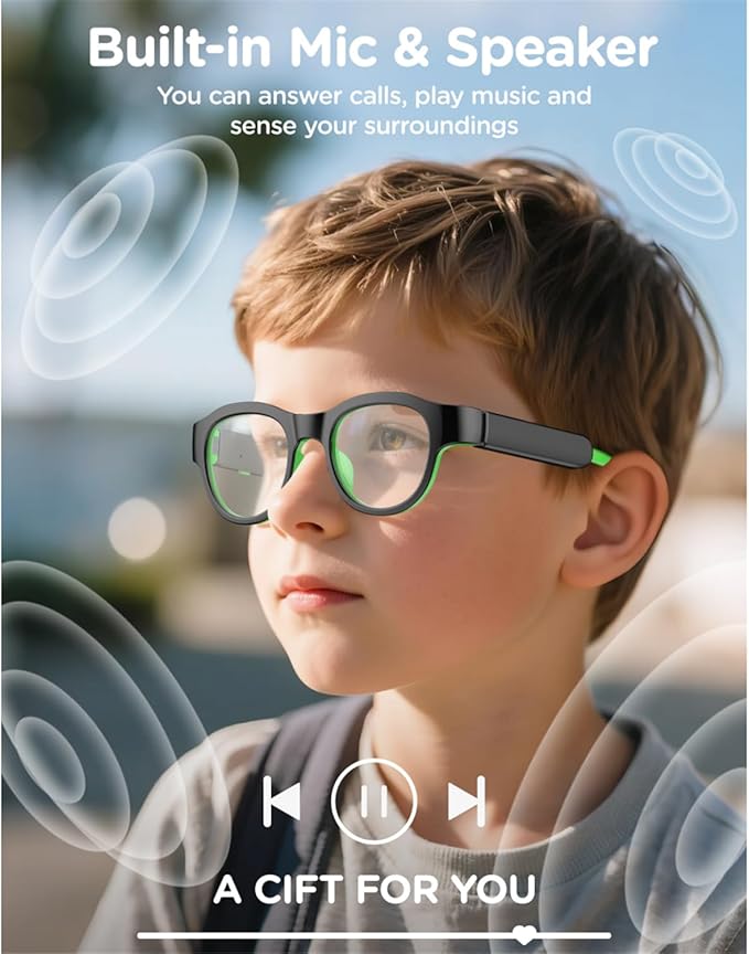Kids Smart Glasses: UV400 Blue Light Glasses - Built-in Mic & Open Ear Bluetooth Speakers - 7-color RGB Light Strip - Voice & Touch Control - Works with iOS/Android for Kids 6-12 Gifts