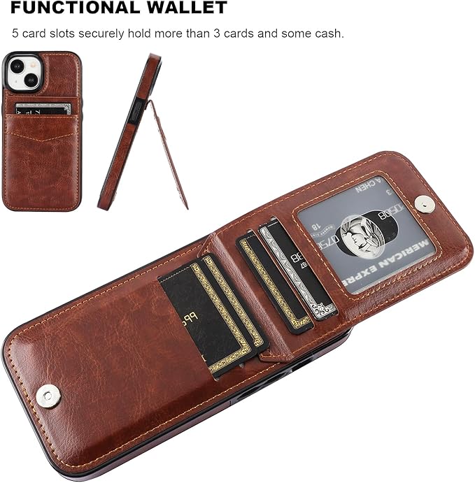 KIHUWEY Compatible with iPhone 15 Case Wallet with Credit Card Holder, Flip Premium Leather Magnetic Clasp Kickstand Heavy Duty Protective Cover for iPhone 15 6.1 Inch (Brown)
