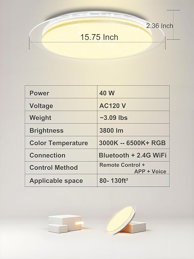 WF-Version LED Ceiling Light with Speaker 40W 15Inch Control via app/Voice/Remote Adjustable Brightness & Color Temperature Ceiling Lamp RGB Ambient Lighting for Bedroom Kids Room and More