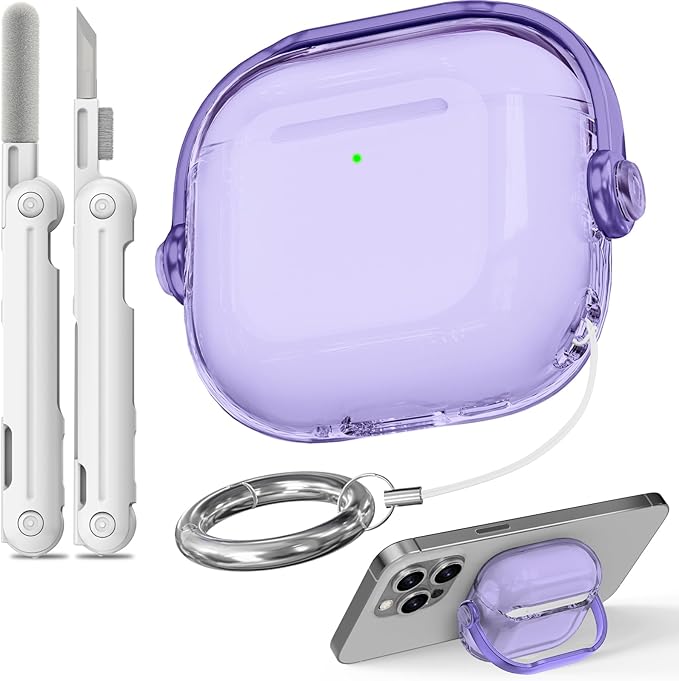 Safety Lock for Airpods 4 Case,TPU Clear Case for Apple Airpods 4 Case 2024 USB-C with Cleaner Kit, Drop Protection Airpods 4 Case Cover for Men for Women with Lock and Keychain, Clear Purple