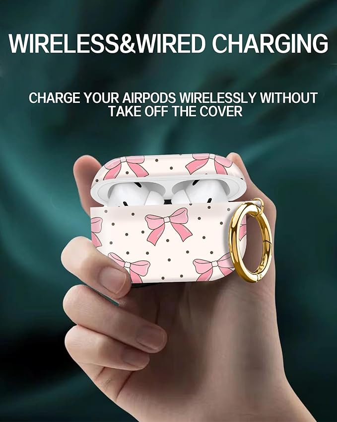 Cute Hard Case Compatible with AirPods Pro 2nd/1st Generation, Protective Cover with Golden Keychain, Fits 2023/2022/2019 Models, for Women, Girls, and Men(Pink Bows with Polkadot
