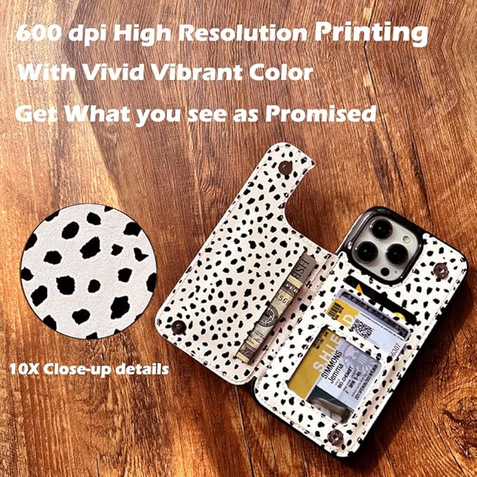 uCOLOR Compatible with iPhone 14 Pro Max 6.7" Wallet Case with Card Holder Folio Flip PU Leather Kickstand Card Slots Double Magnetic Clasp and RFID Blocking Cover 6.7 Inch (Almond Latte Polka Dot)