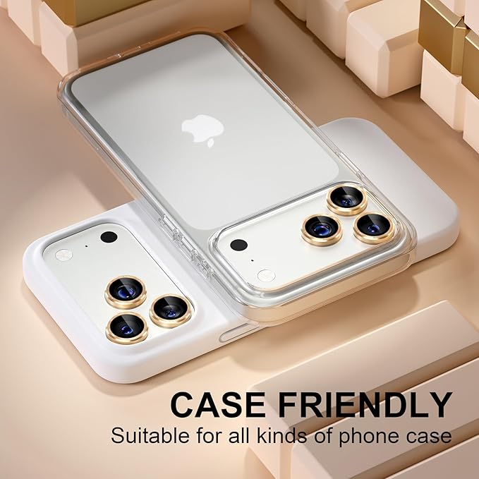 Misea Compatible for iPhone 17 Pro/iPhone 17 Pro Max Camera Lens Protector, Ultra-HD Tempered Glass Camera Cover Screen Protector Metal Individual Ring Protector Decoration Accessories, Gold