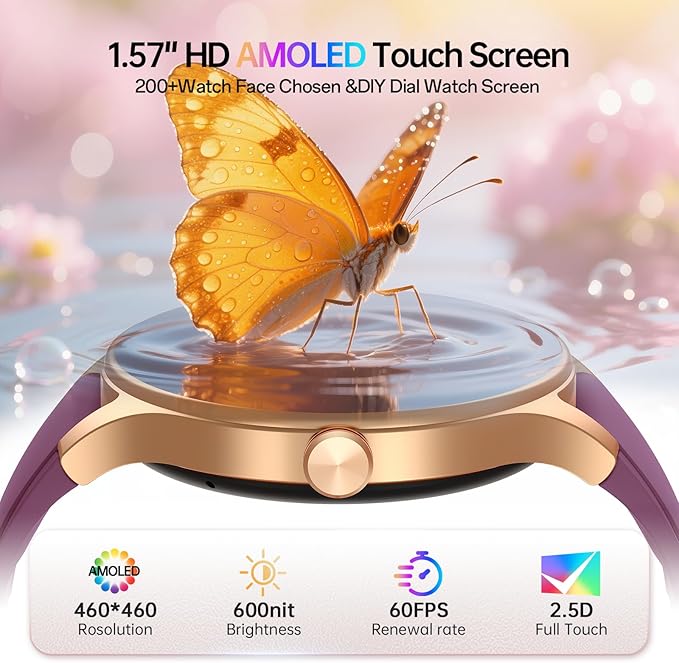 Smart Watch for Women,1.57inch AMOLED Touchscreen Fitness Watch for iPhone & Android,Heart Rate/Sp02/Sleep Monitor,110+ Sport Modes IP68 Waterproof Bluetooth Calls,2 Bands (Purple, 1.57)