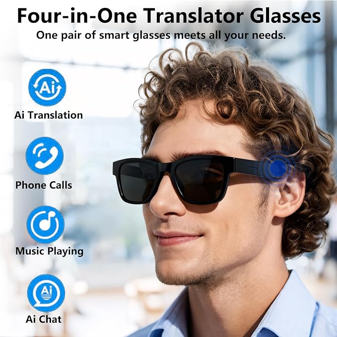 AI Translation Smart Glasses with Chat GPT for Men and Women - Real-time Translator 164 Languages, Music Playback & Hands-Free Calls for Daily Use, Travel