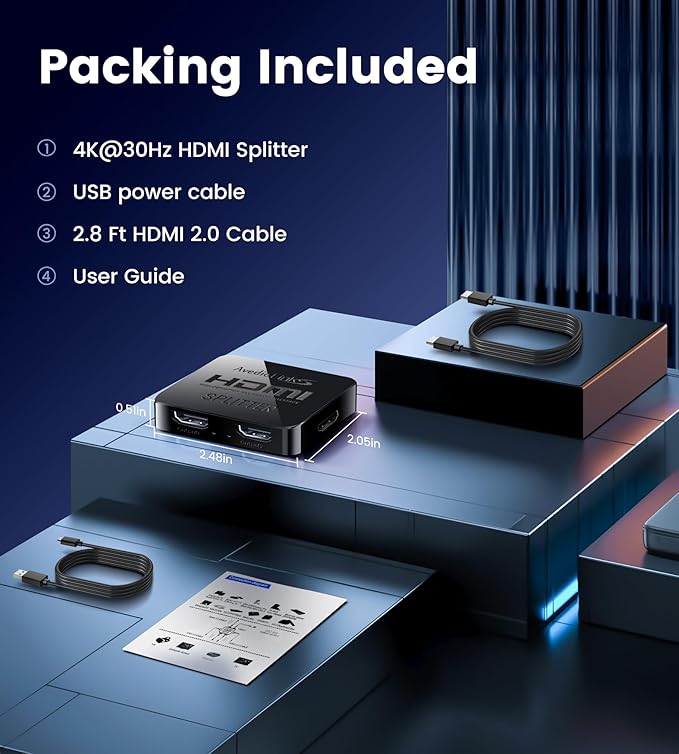 avedio links HDMI Splitter 1 in 4 Out with Hdmi Cable, 4K HDMI Splitters 1X4 Mirror Screen, USB Power Splitter 1 Input 4 Output Support 4KX2K, 1080P@60Hz, 3D, HDR, 1 Source to 4 Display Devices