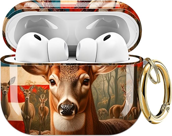 Case for AirPod Pro 3 Shock-Proof Protective Hard Case with Golden Keychain Compatible with Apple Airpods Pro 3rd Generation 2025 (American Flag Deer Forest)