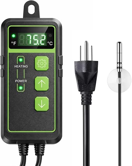 Digital Temperature Controller Thermostat, Heating & Cooling Outlet with LCD Touchscreen NTC Probe, 40–108°F, 110V for Reptile Tank, Seedling Heat Mat, Greenhouse, Fermentation