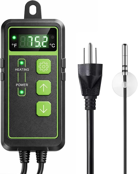 Digital Temperature Controller Thermostat, Heating & Cooling Outlet with LCD Touchscreen NTC Probe, 40–108°F, 110V for Reptile Tank, Seedling Heat Mat, Greenhouse, Fermentation