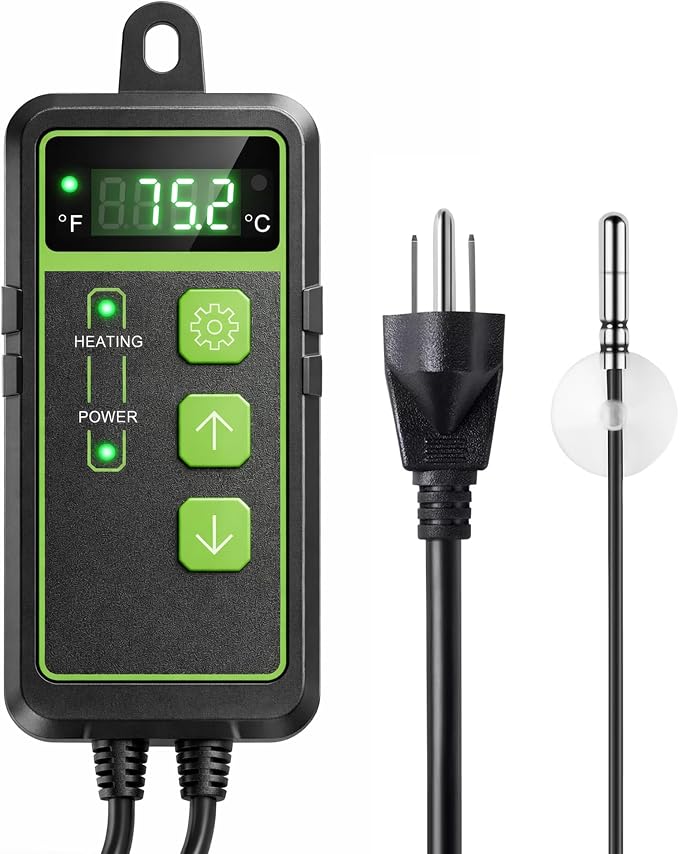 Digital Temperature Controller Thermostat, Heating & Cooling Outlet with LCD Touchscreen NTC Probe, 40–108°F, 110V for Reptile Tank, Seedling Heat Mat, Greenhouse, Fermentation